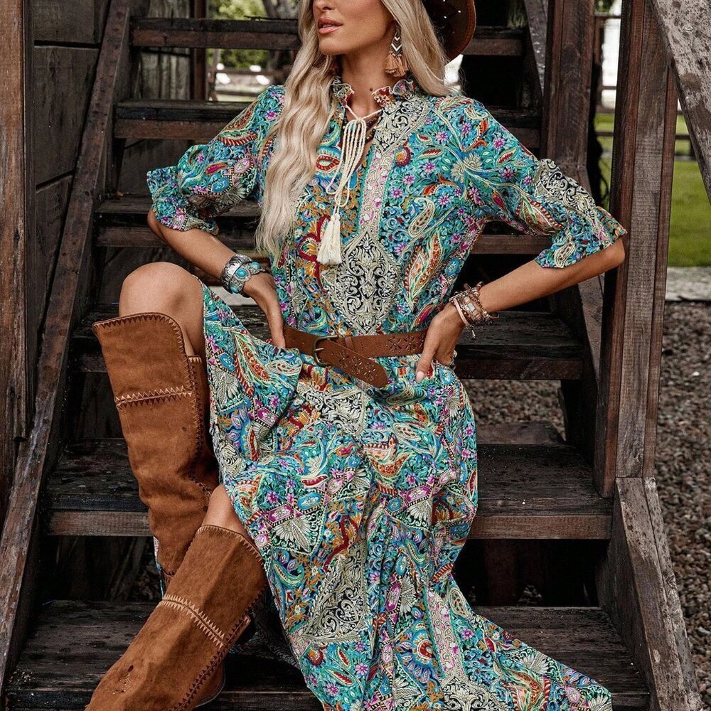 Multicolor Bohemian Women's Printed Mid-Sleeve Fringe Dress - Picture 6 of 7
